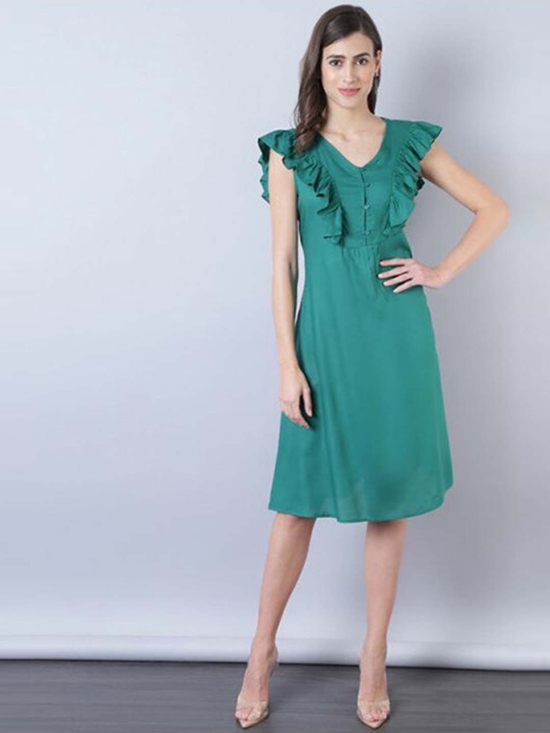 

Aila V-Neck A-Line Opaque Knee Length Dress, Green