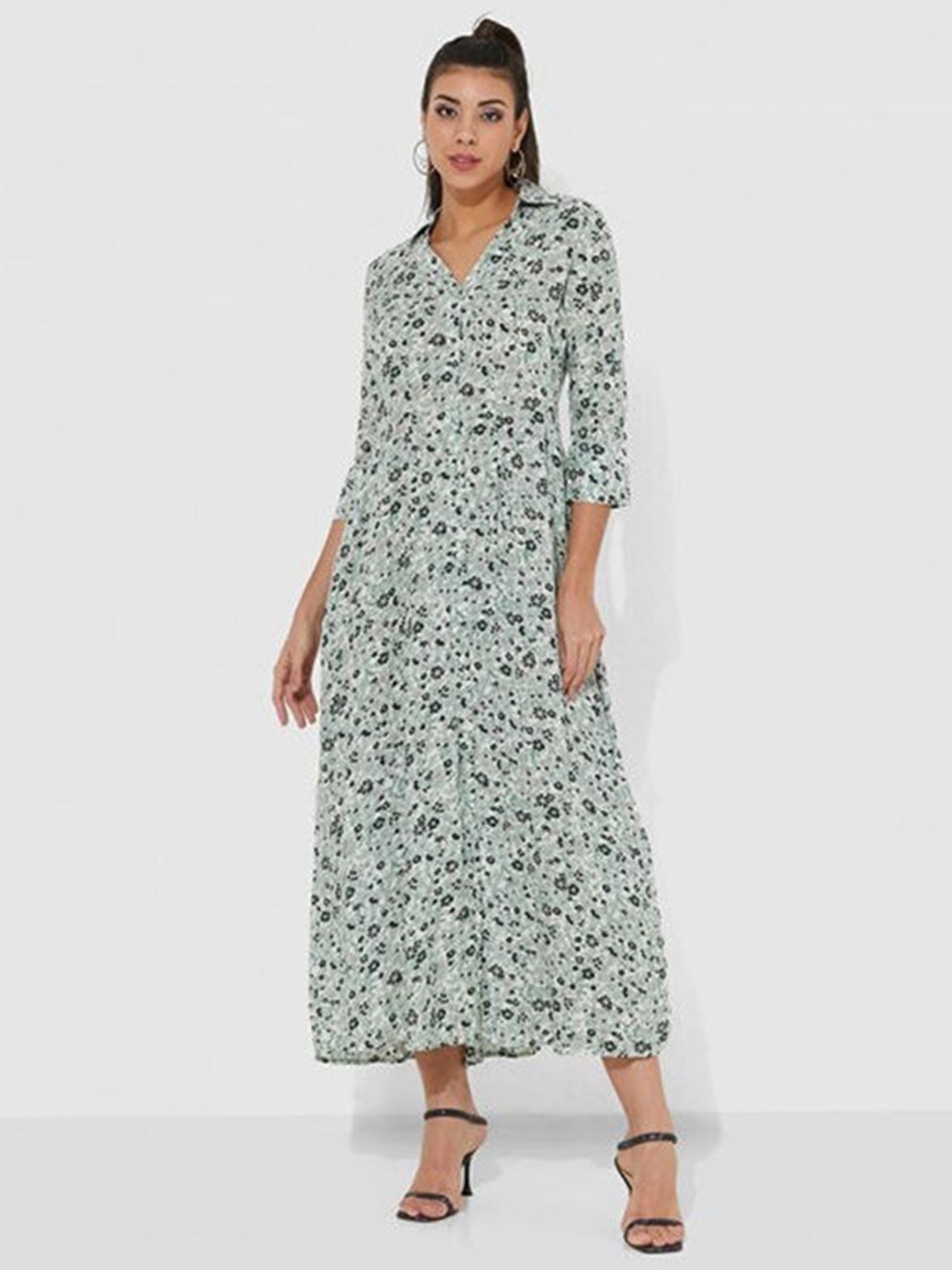 

Aila Floral Printed Shirt Collar A-Line Opaque Maxi Dress, White