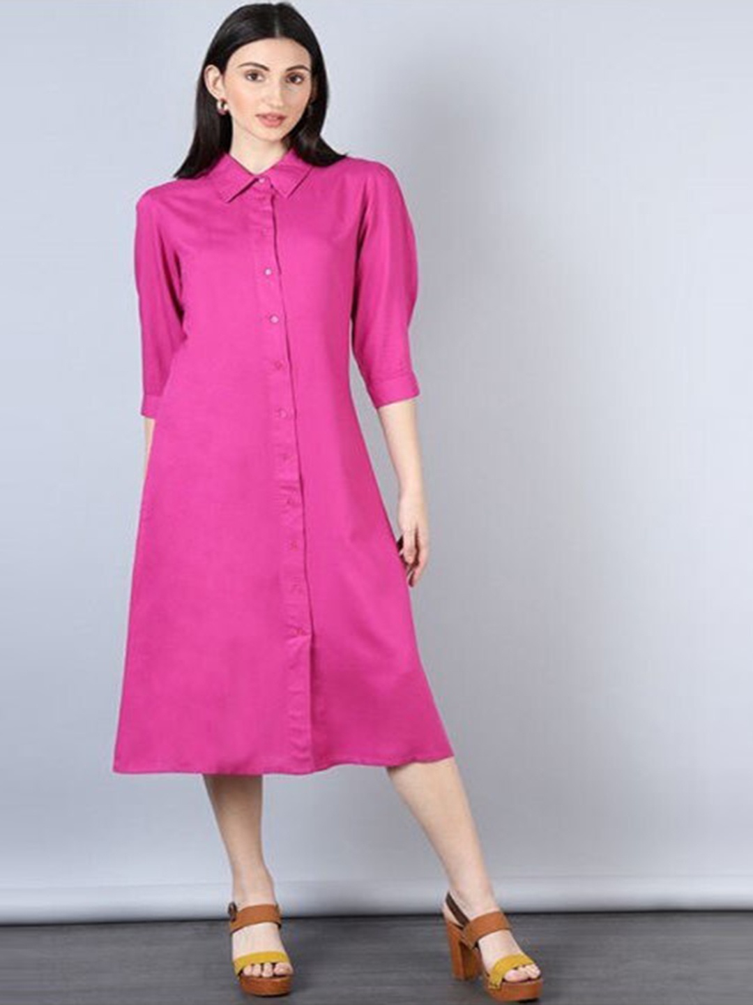 

Aila Shirt Collar A-Line Opaque Midi Dress, Fuchsia