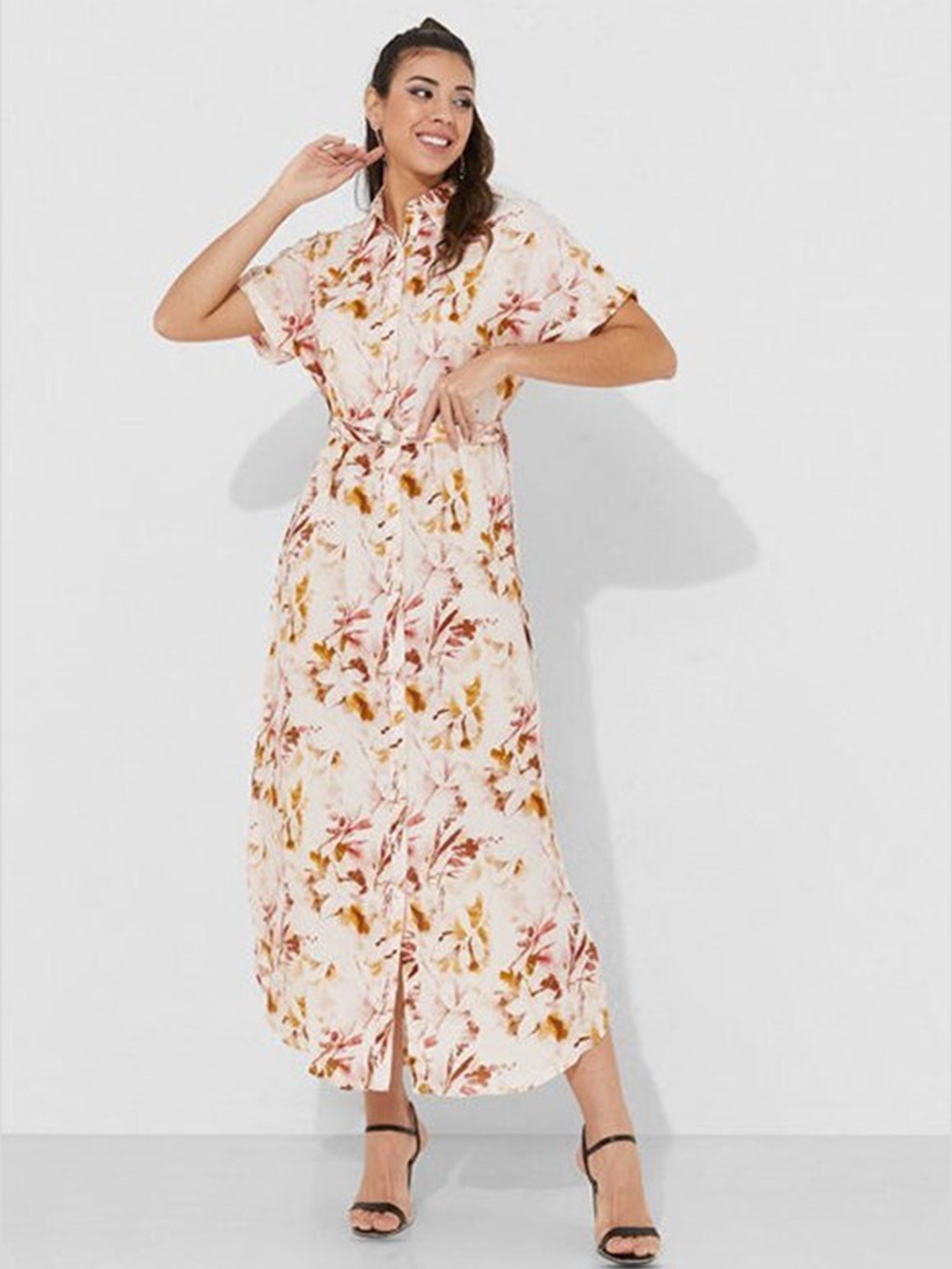 

Aila Floral Printed Shirt Collar A-Line Opaque Midi Dress, Beige