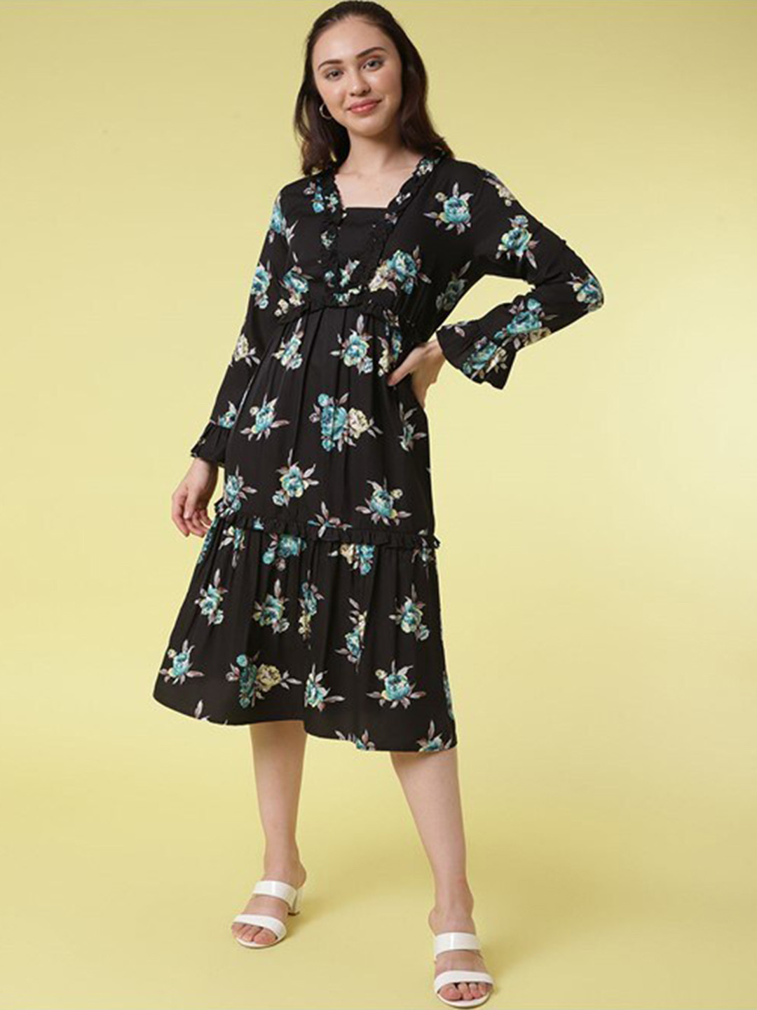 

Aila Floral Print Square Neck Cotton A-Line Tiered Dress, Multi