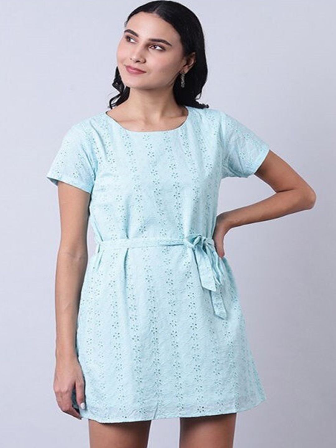 

Aila Self Design A-Line Dress, Turquoise blue