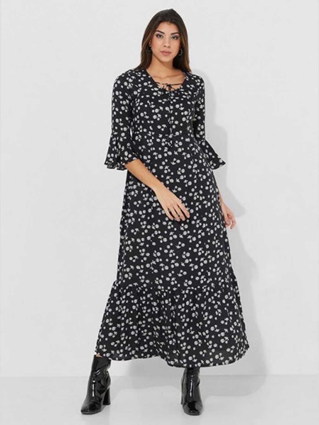 

Aila Floral Printed Tie-Up Neck Bell Sleeves A-Line Dress, Black