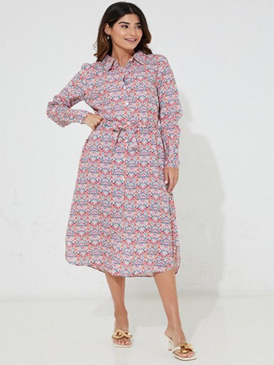 

Aila Ethnic Motifs Shirt Collar Tie-Ups Shirt Midi Dress, White