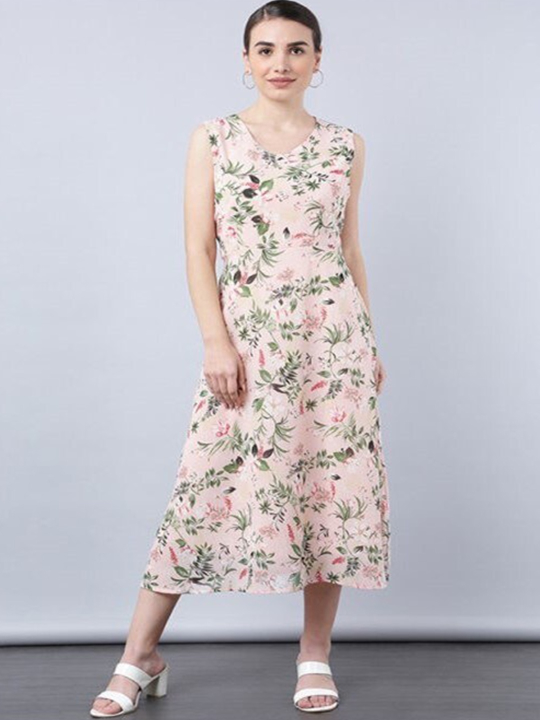 

Aila Floral Printed Sleeveless Cotton Tie Up A-Line Midi Dress, Peach