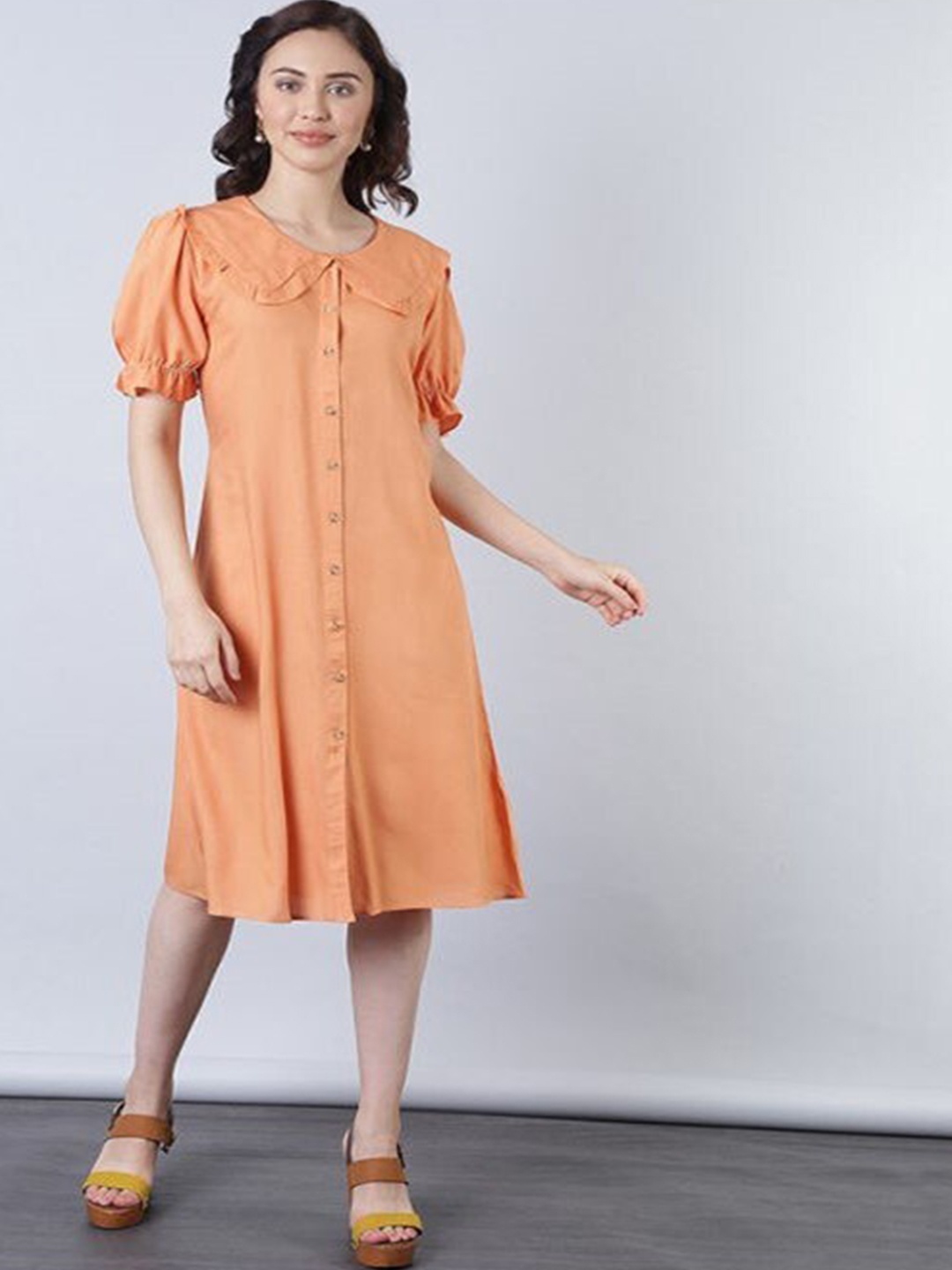

Aila Round Neck Puff Sleeves A-Line Dress, Orange