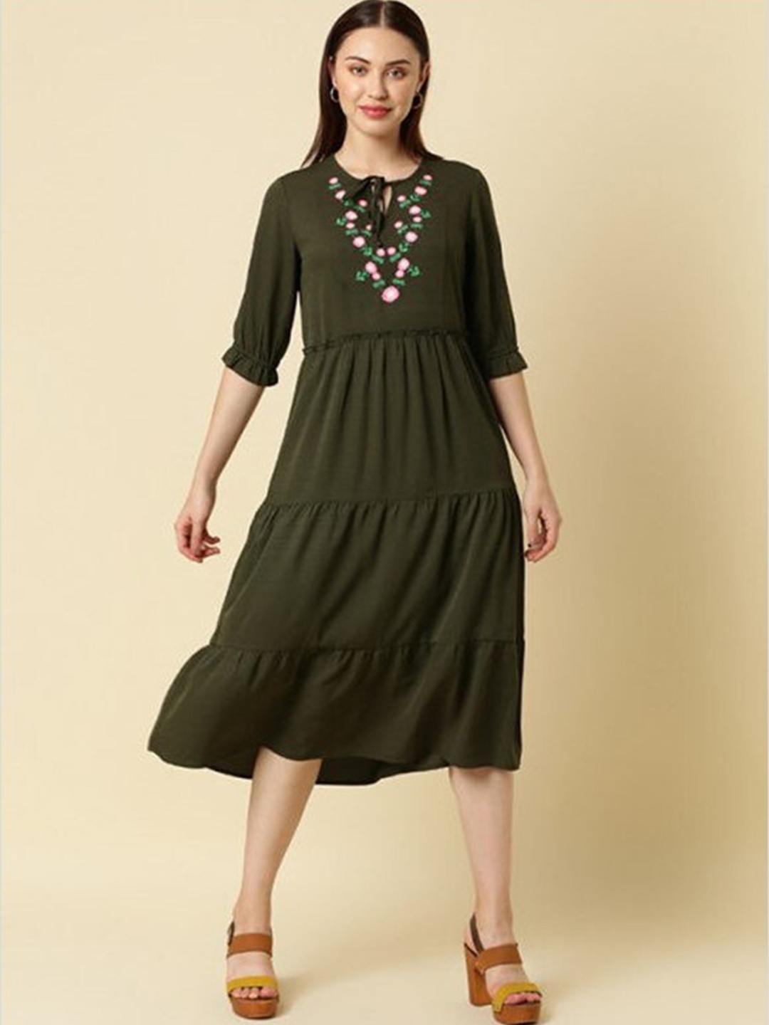 

Aila Floral Embroidered Tie-Up Neck Cuffed Sleeves Gathered Tiered A-Line Dress, Green