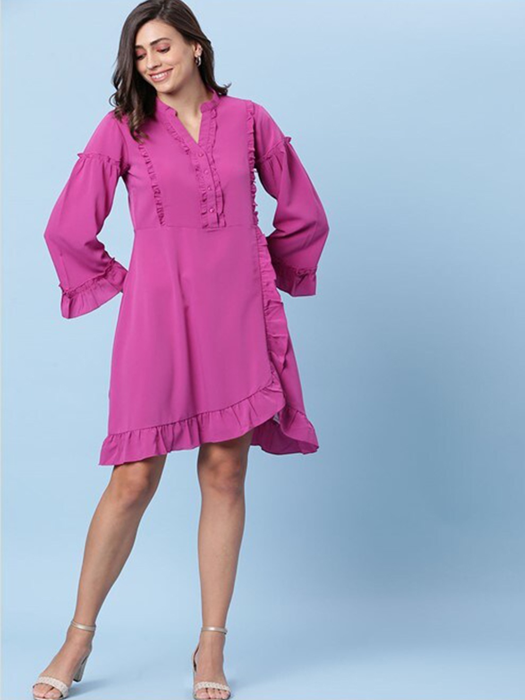 

Aila Mandarin Collar Flared Sleeves A-Line Dress, Purple