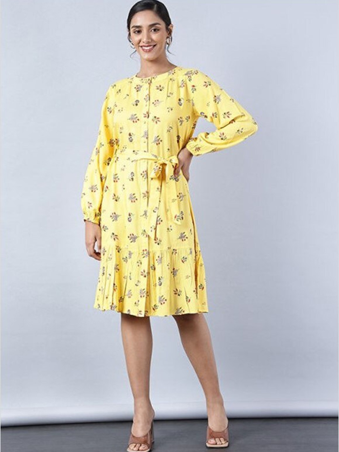 

Aila Floral Printed A-Line Midi Dress, Yellow