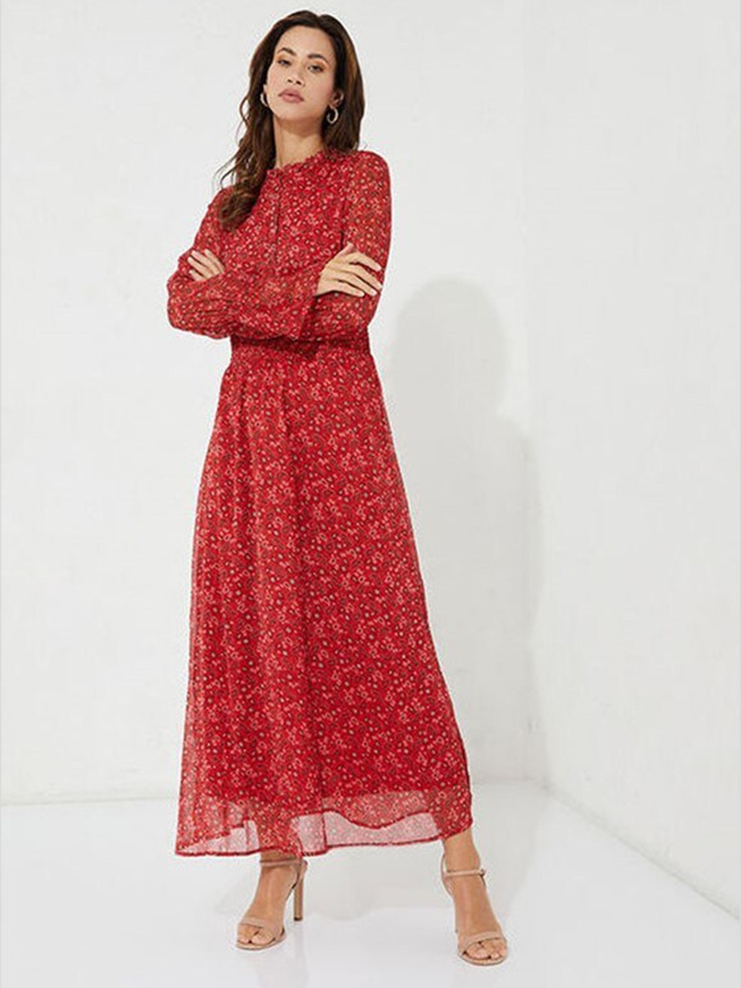 

Aila Ethnic Motif Printed Smocked Fit & Flare Maxi Dress, Red