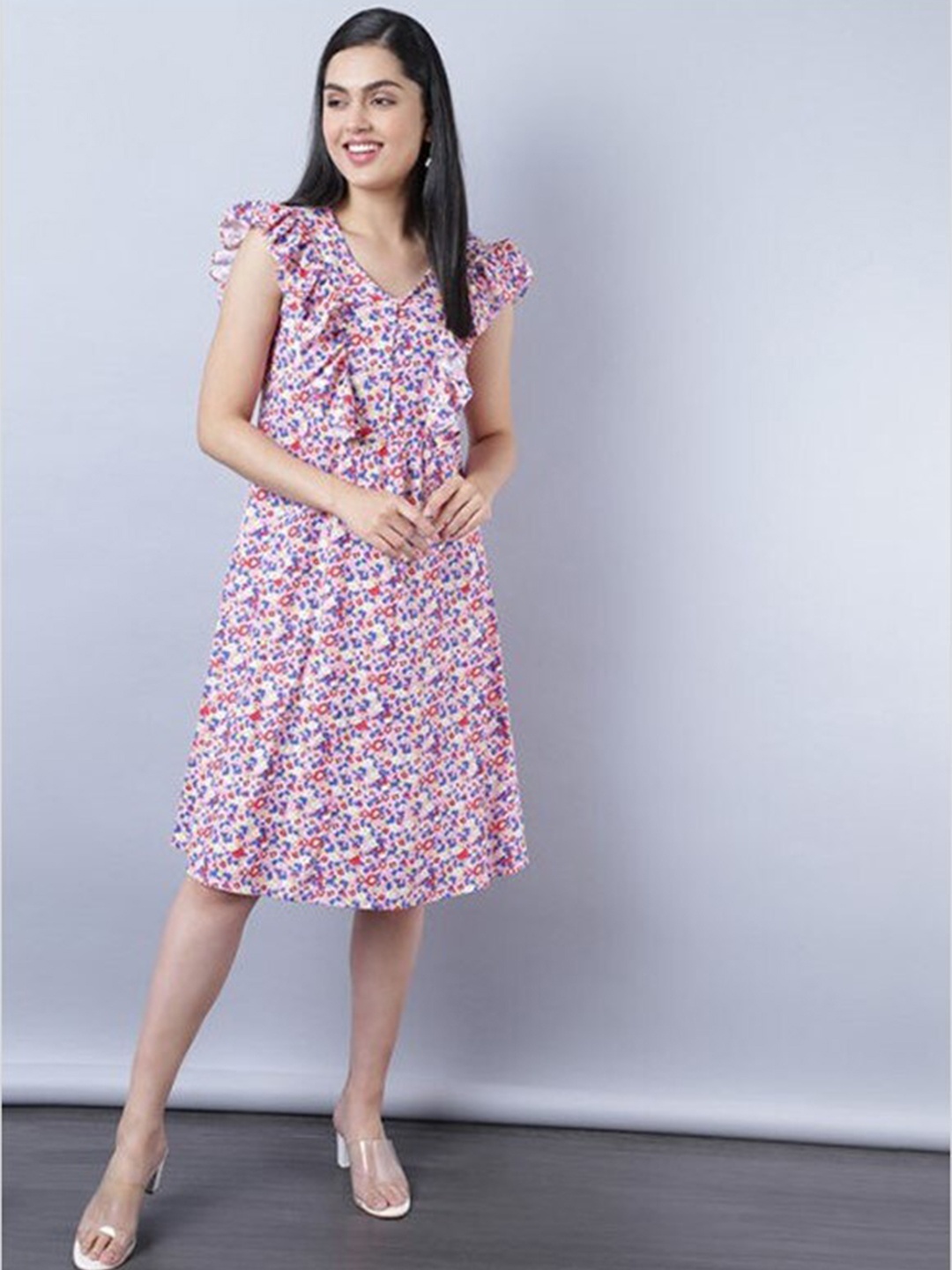 

Aila Floral Printed Ruffled Fit & Flare Knee Length Dress, Pink
