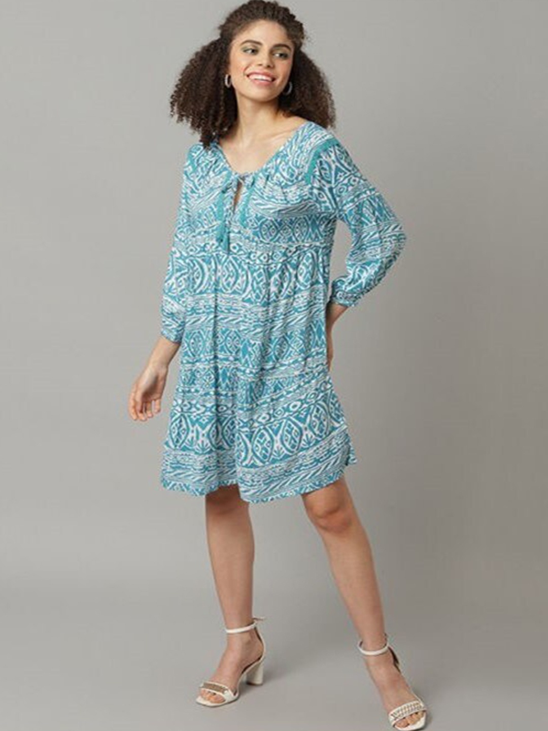

Aila Geometric Printed Tie-Up Neck Cotton A-Line Dress, White