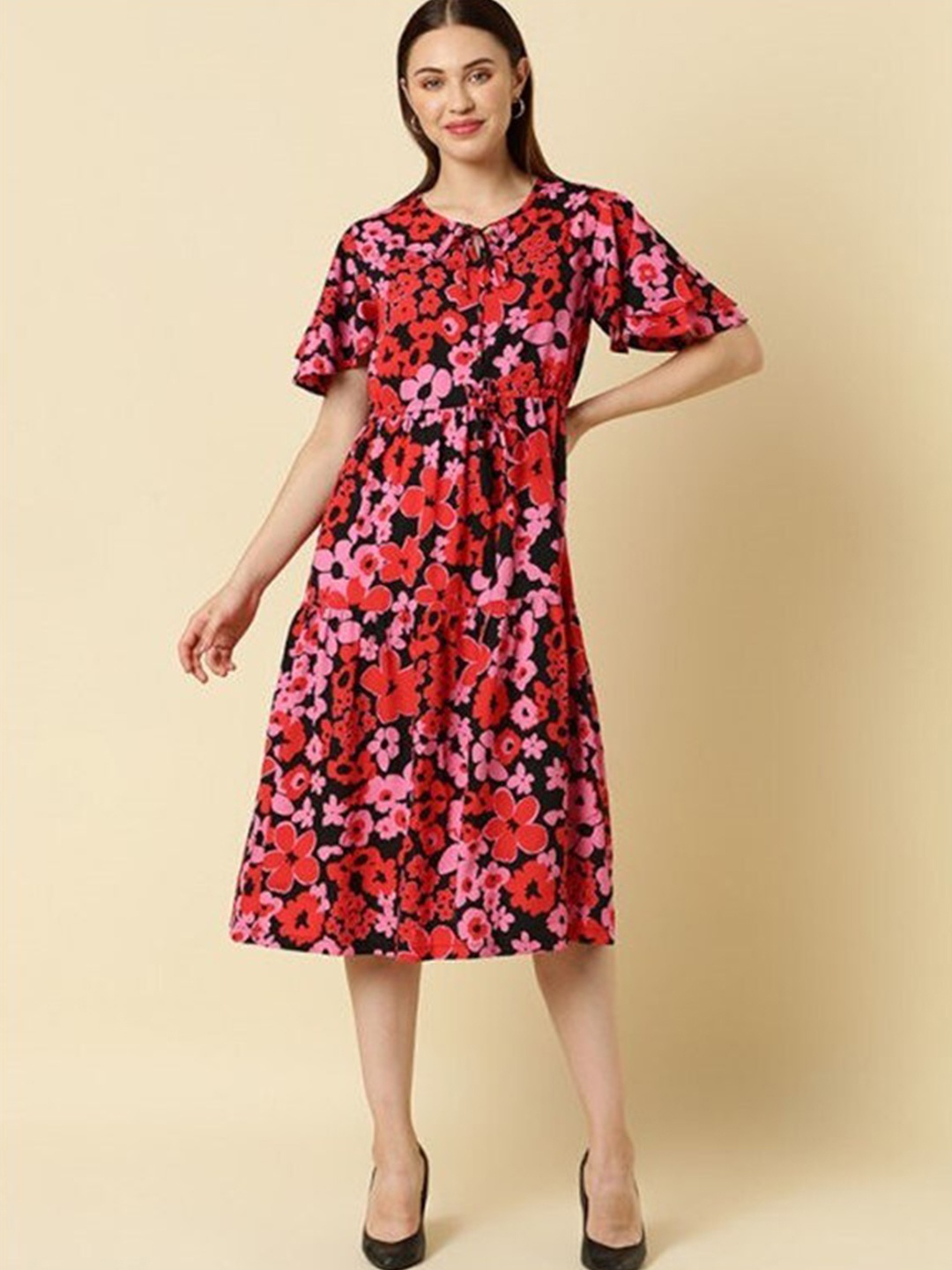 

Aila Floral Print A-Line Dress, Black