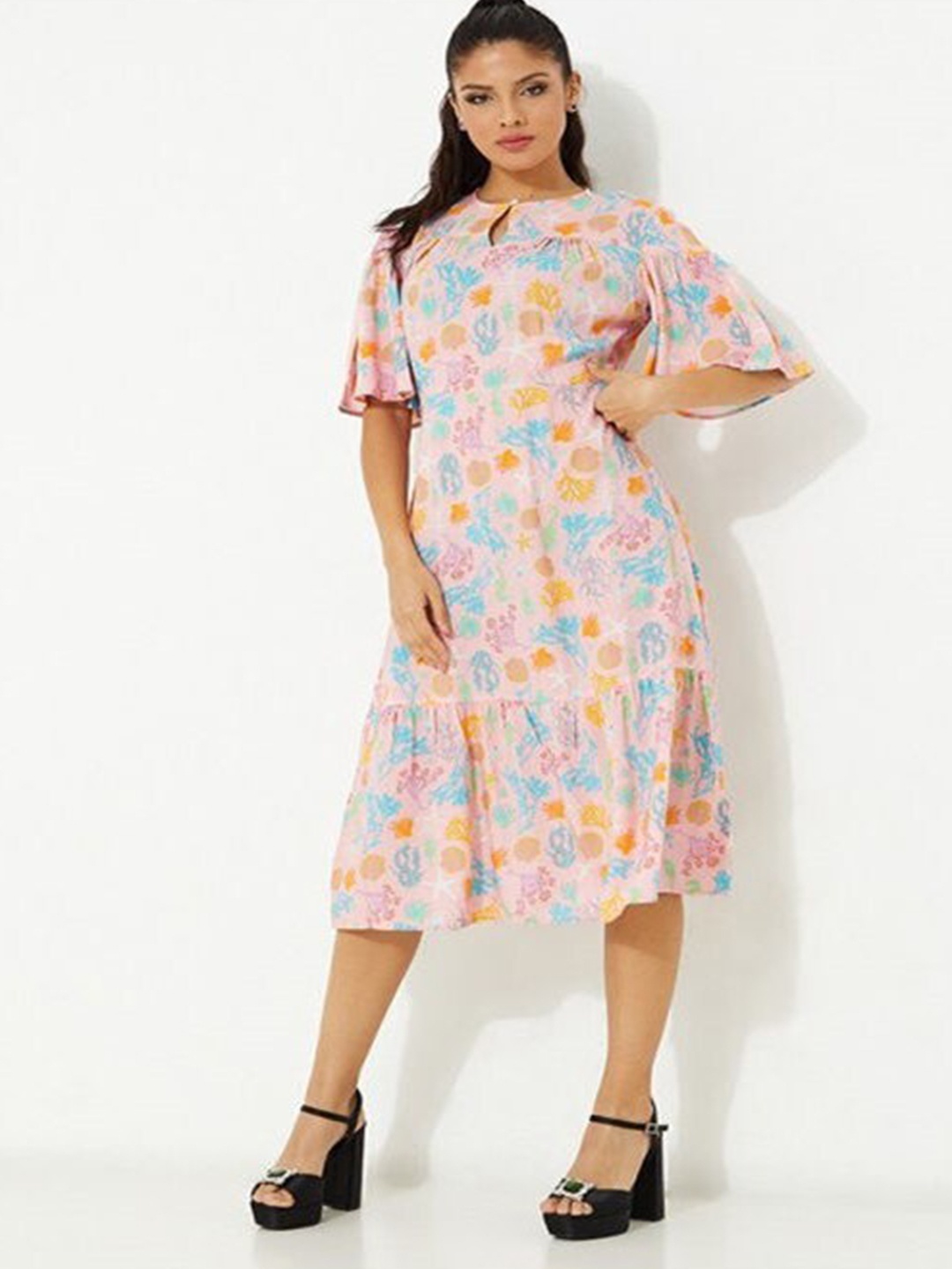

Aila Floral Printed Keyhole Neck A-Line Dress, Pink