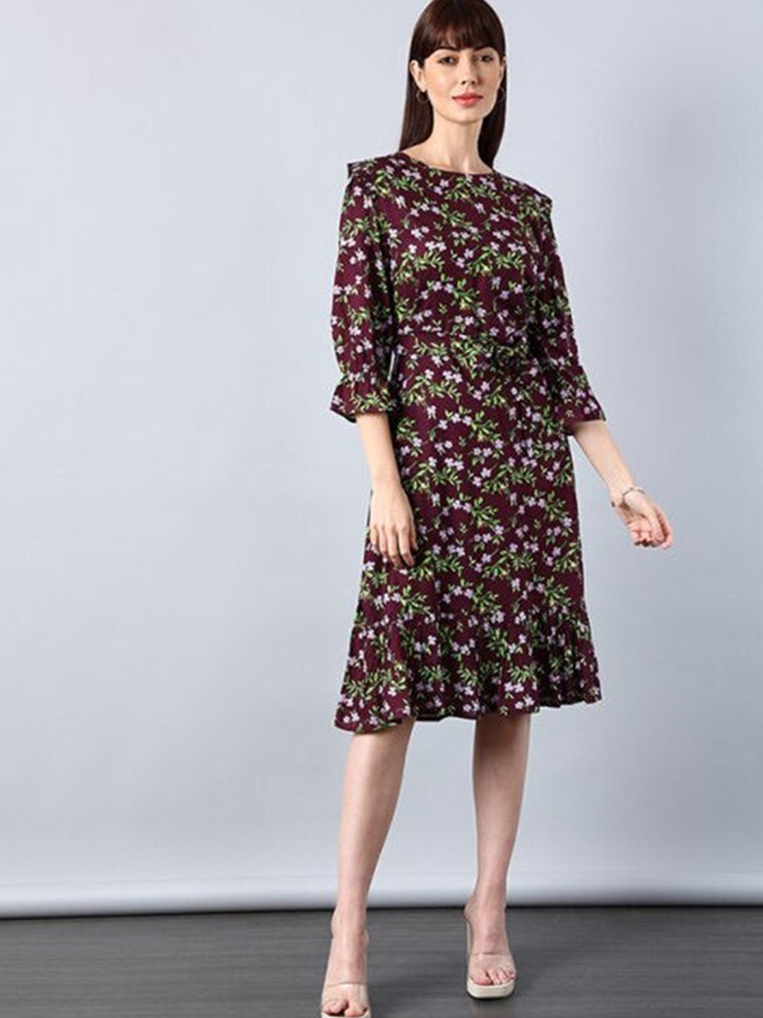 

Aila Floral Printed A-Line Dress, Burgundy