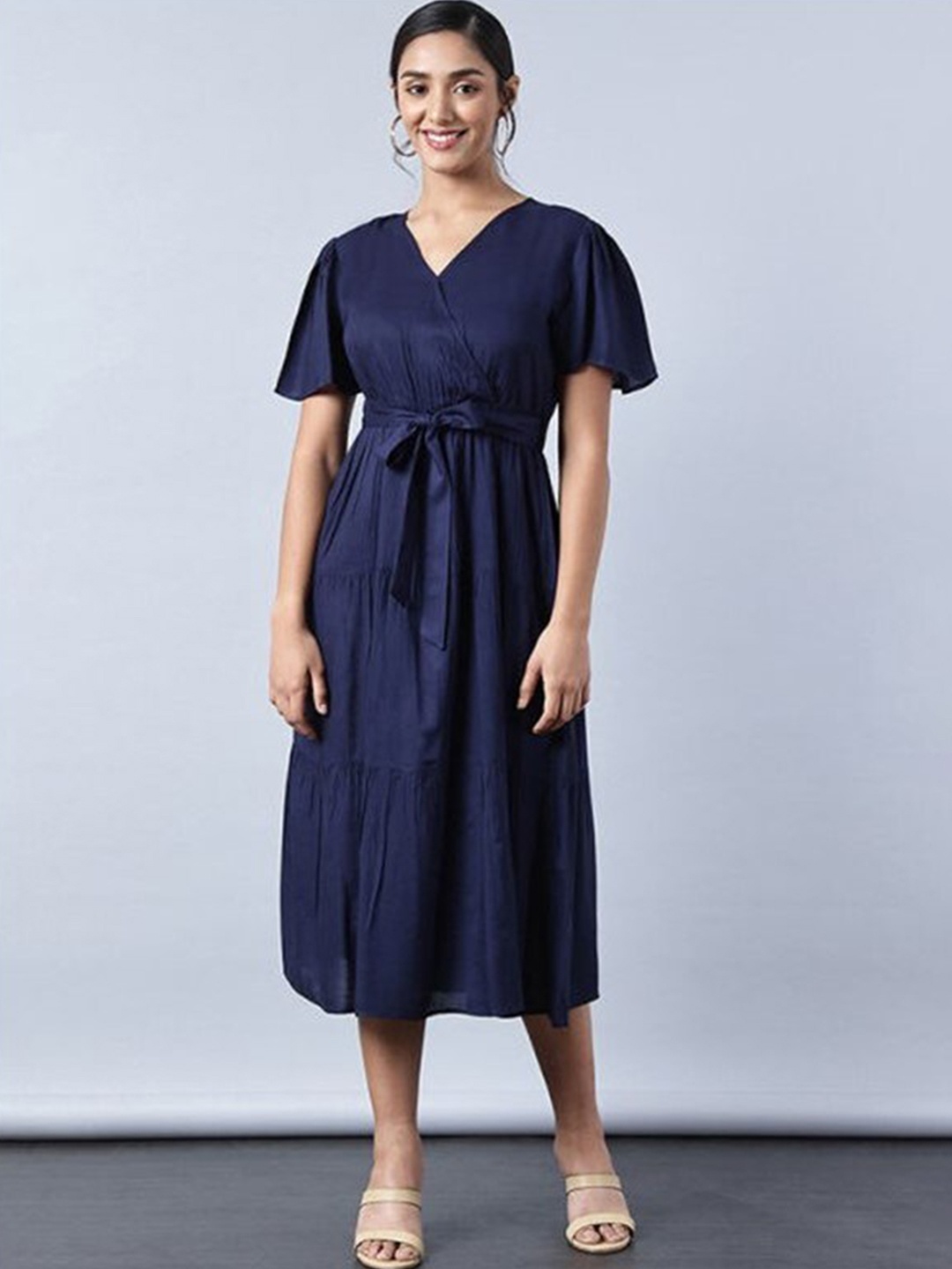 

Aila V-Neck Flared Sleeve Belted Tiered A-Line Midi Dress, Navy blue