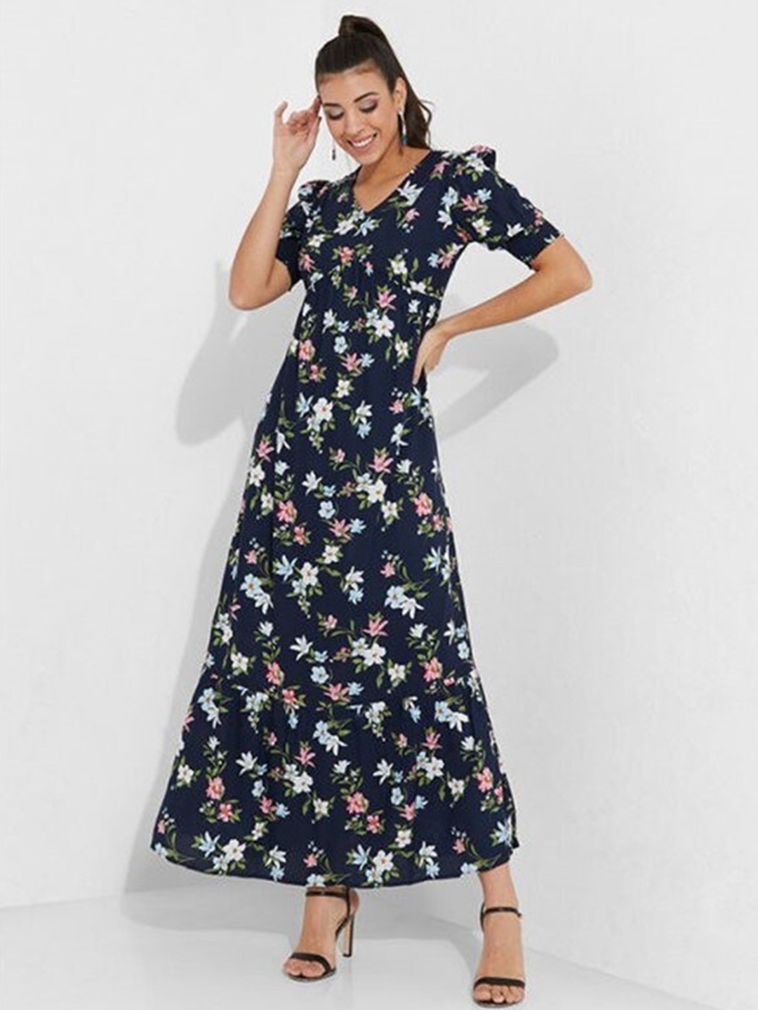 

Aila Floral Printed V-Neck Cotton A-Line Maxi Dress, Blue