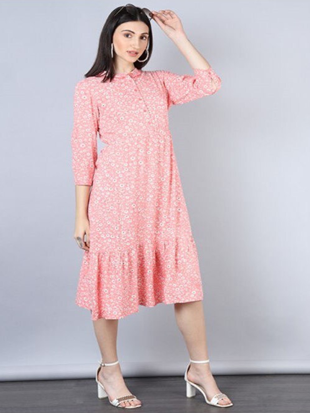 

Aila Floral Print Band Collar Cuffed Sleeves A-Line Dress, Pink
