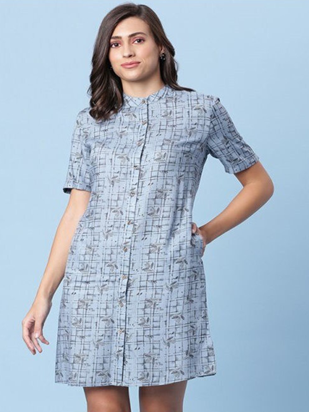

Aila Floral Printed Mandarin Collar Shirt Dress, Blue