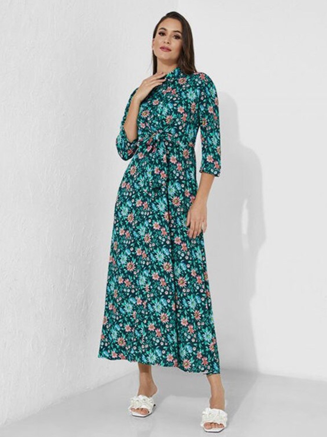 

Aila Floral Printed Shirt Collar A-Line Midi Dress, Green