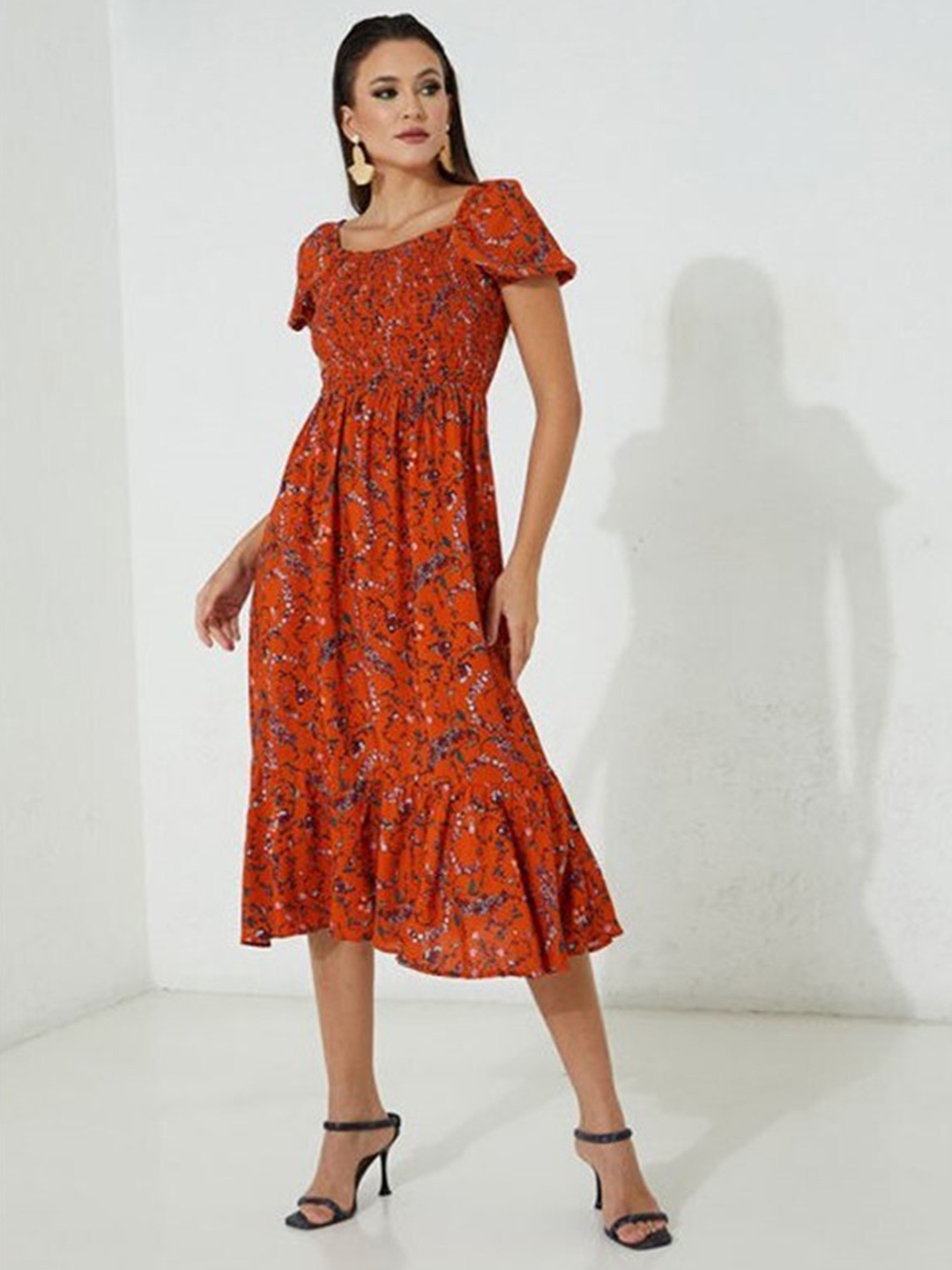 

Aila Floral Printed Smocked A-Line Midi Dress, Orange
