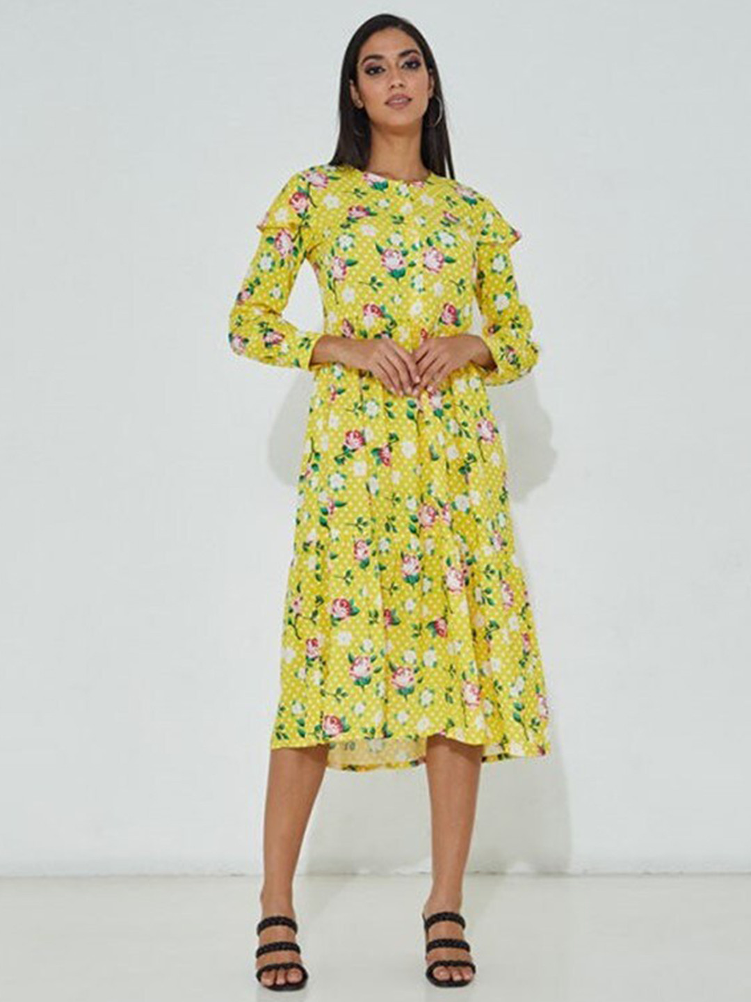 

Aila Floral Printed Round Neck Cotton Fit & Flare Dress, Yellow