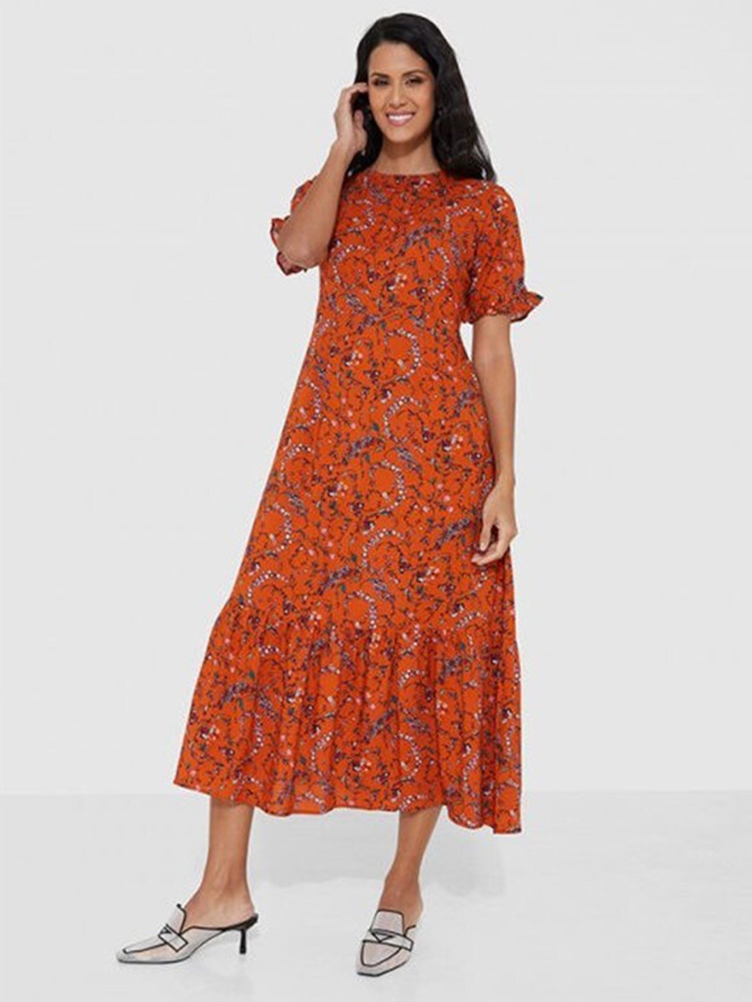 

Aila Floral Printed Round Neck A-Line Midi Dress, Orange