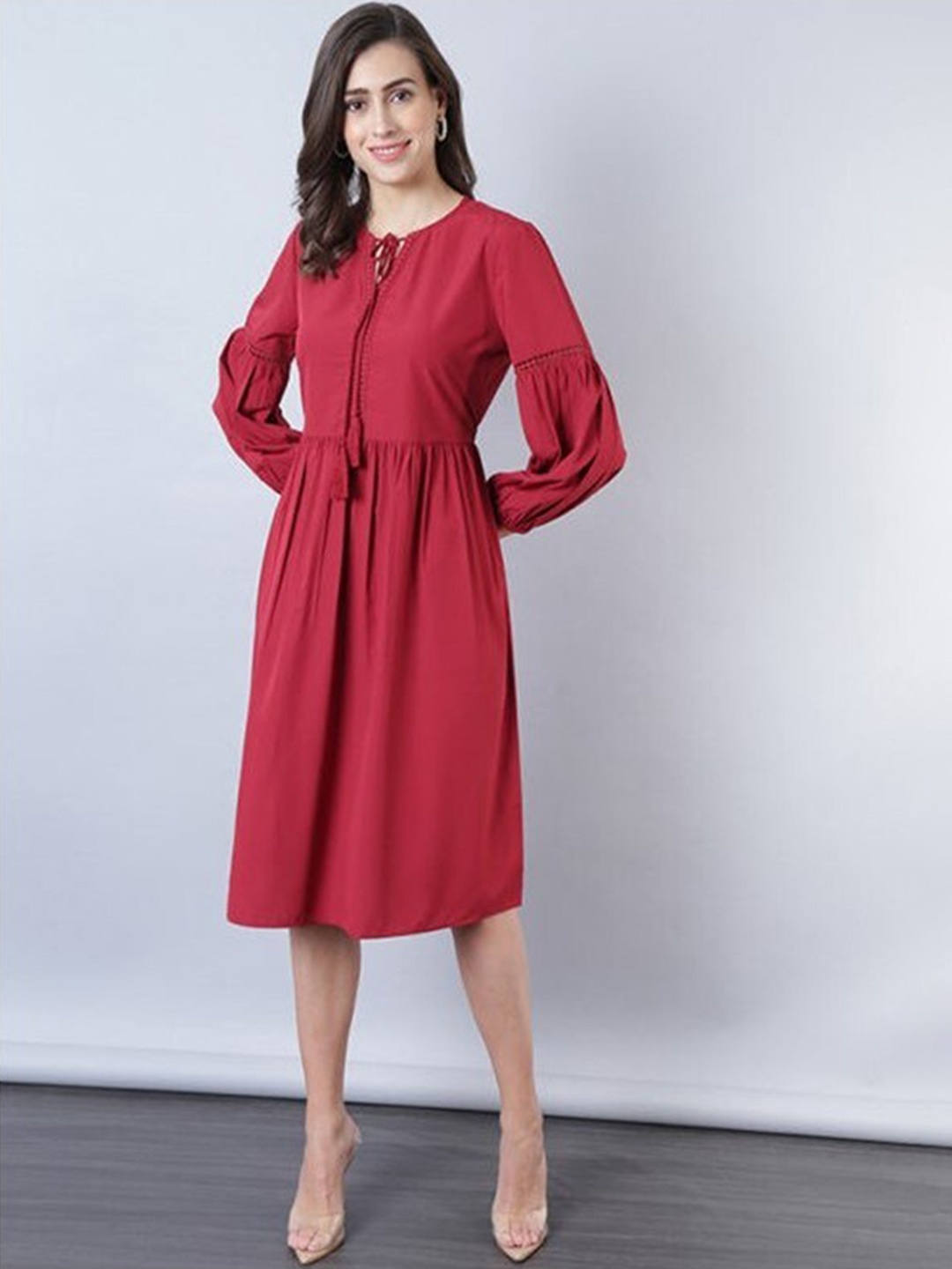 

Aila Tie-Up Neck Fit & Flare Dress, Red