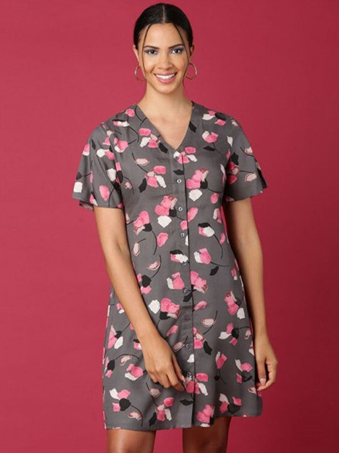 

Aila Floral Printed Flutter Sleeves Shirt Style Dress, Charcoal