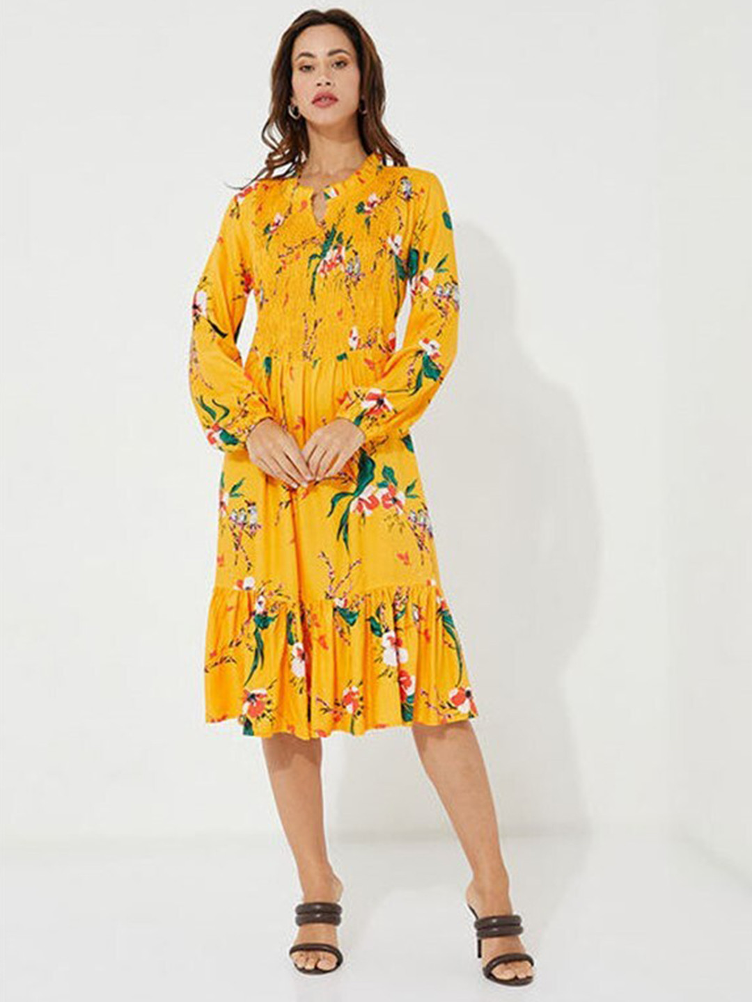 

Aila Floral Printed Mandarin Collar Puff Sleeves Smocked Detail Cotton A-Line Dress, Yellow