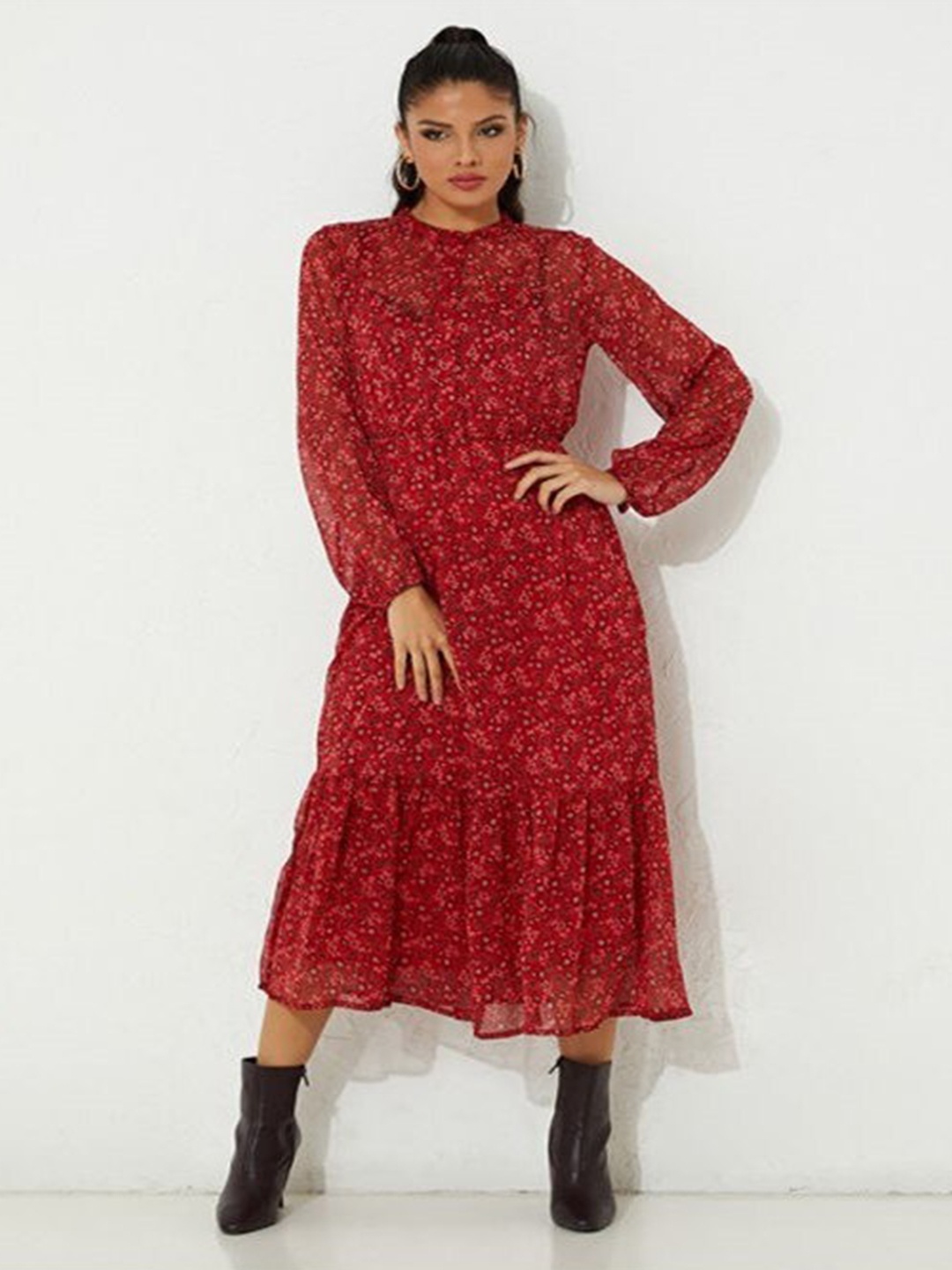 

Aila Ethnic Motifs Printed Band Collar Puff Sleeves Fit & Flare Midi Dress, Red