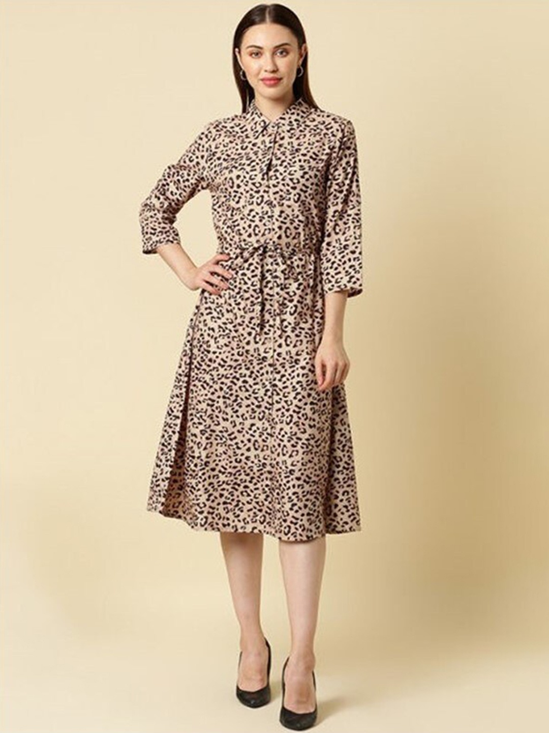 

Aila Animal Printed Tie Up A-Line Dress, Beige