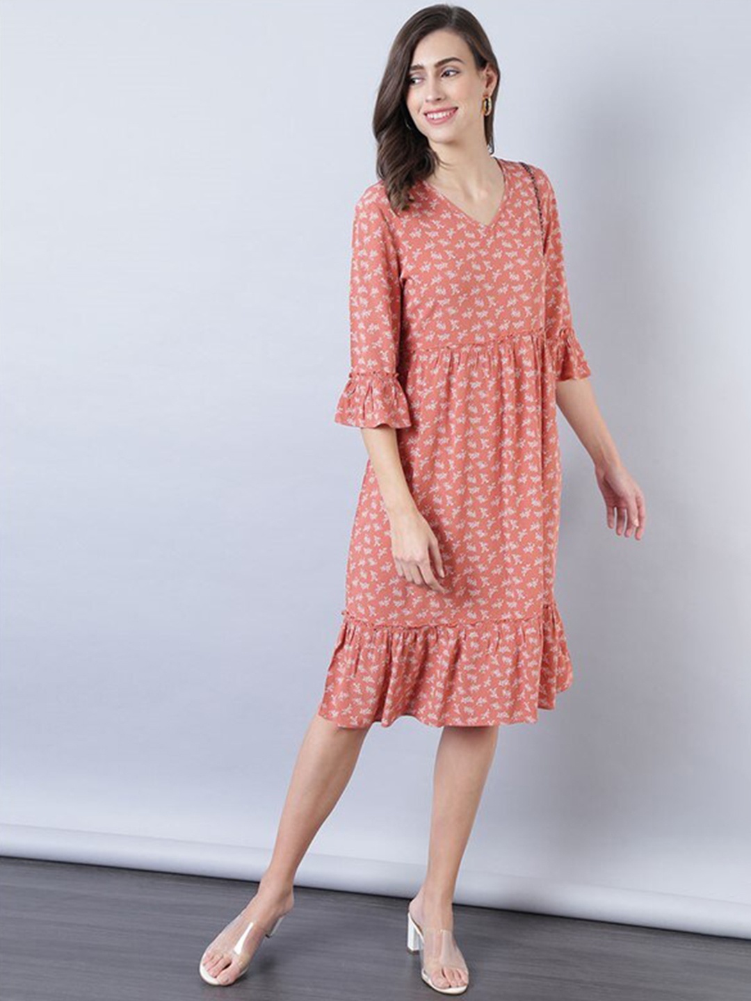 

Aila Floral Printed V-Neck Bell Sleeve Gathered Tiered A-Line Dress, Peach