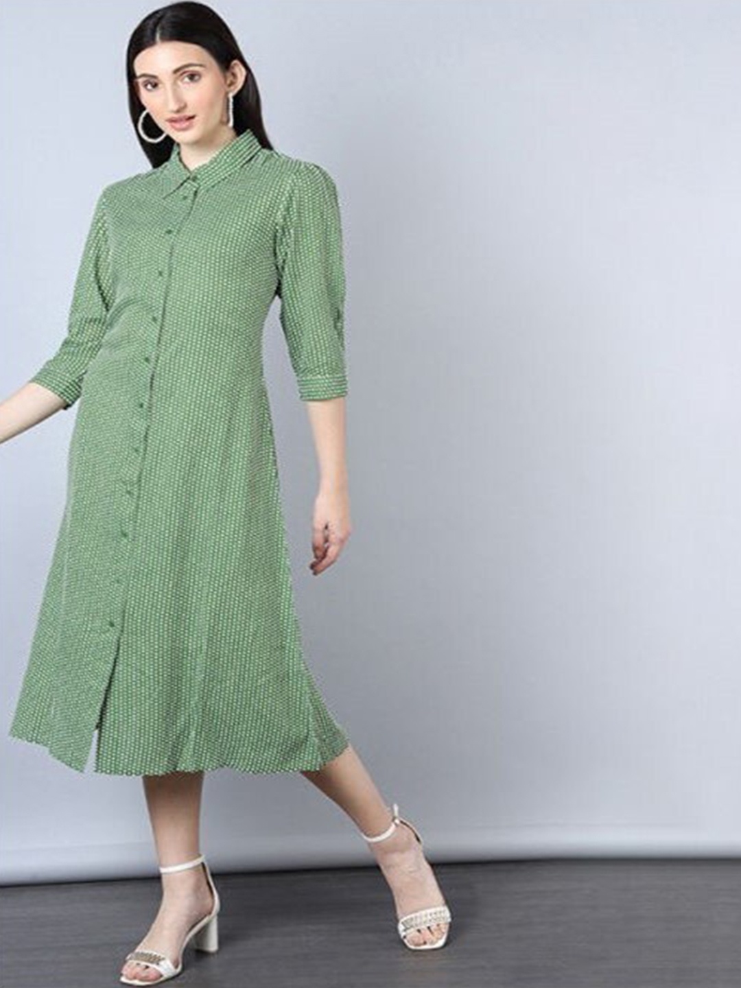 

Aila Polka Dot Printed Shirt Midi Dress, Green