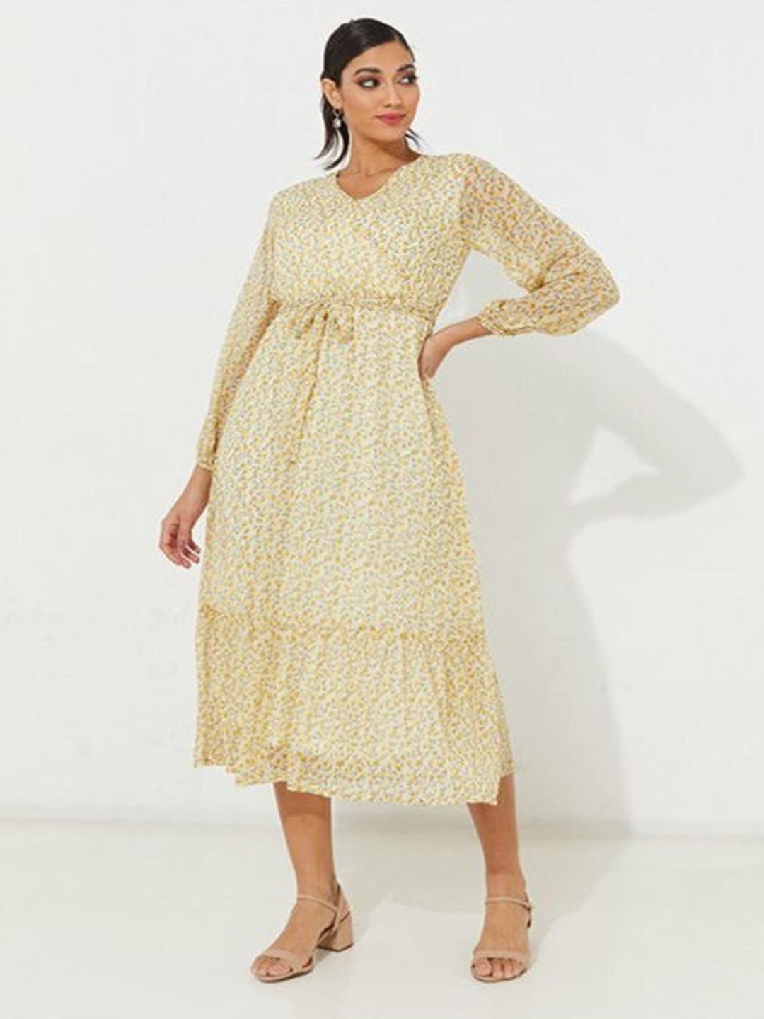 

Aila Floral Printed V-Neck Fit & Flare Midi Dress, Yellow