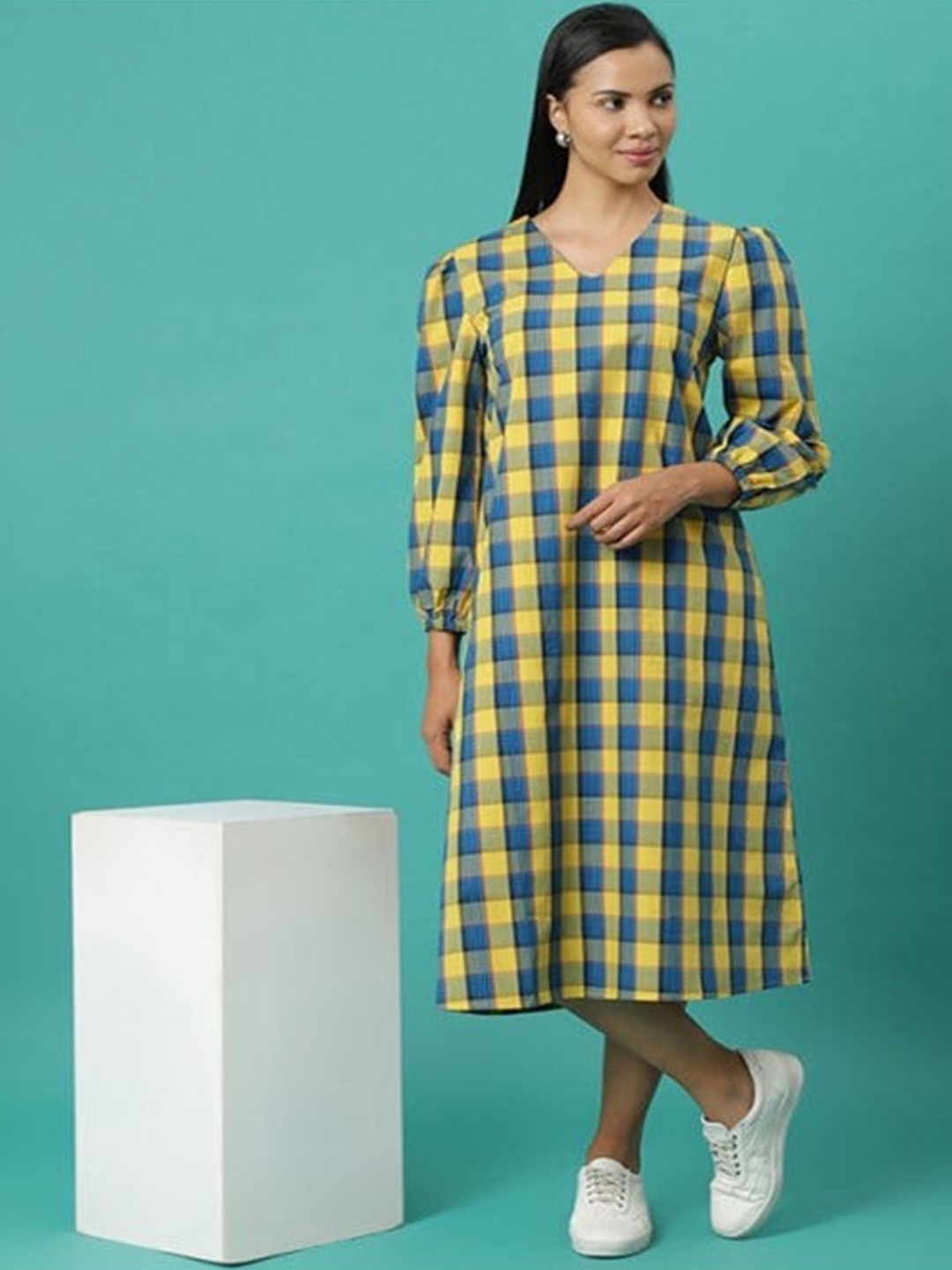 

Aila Checked Puff Sleeves Cotton A-Line Midi Dress, Yellow