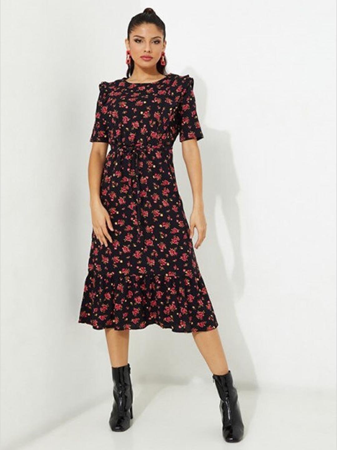 

Aila Floral Printed Ruffled Fit & Flare Midi Dress, Black