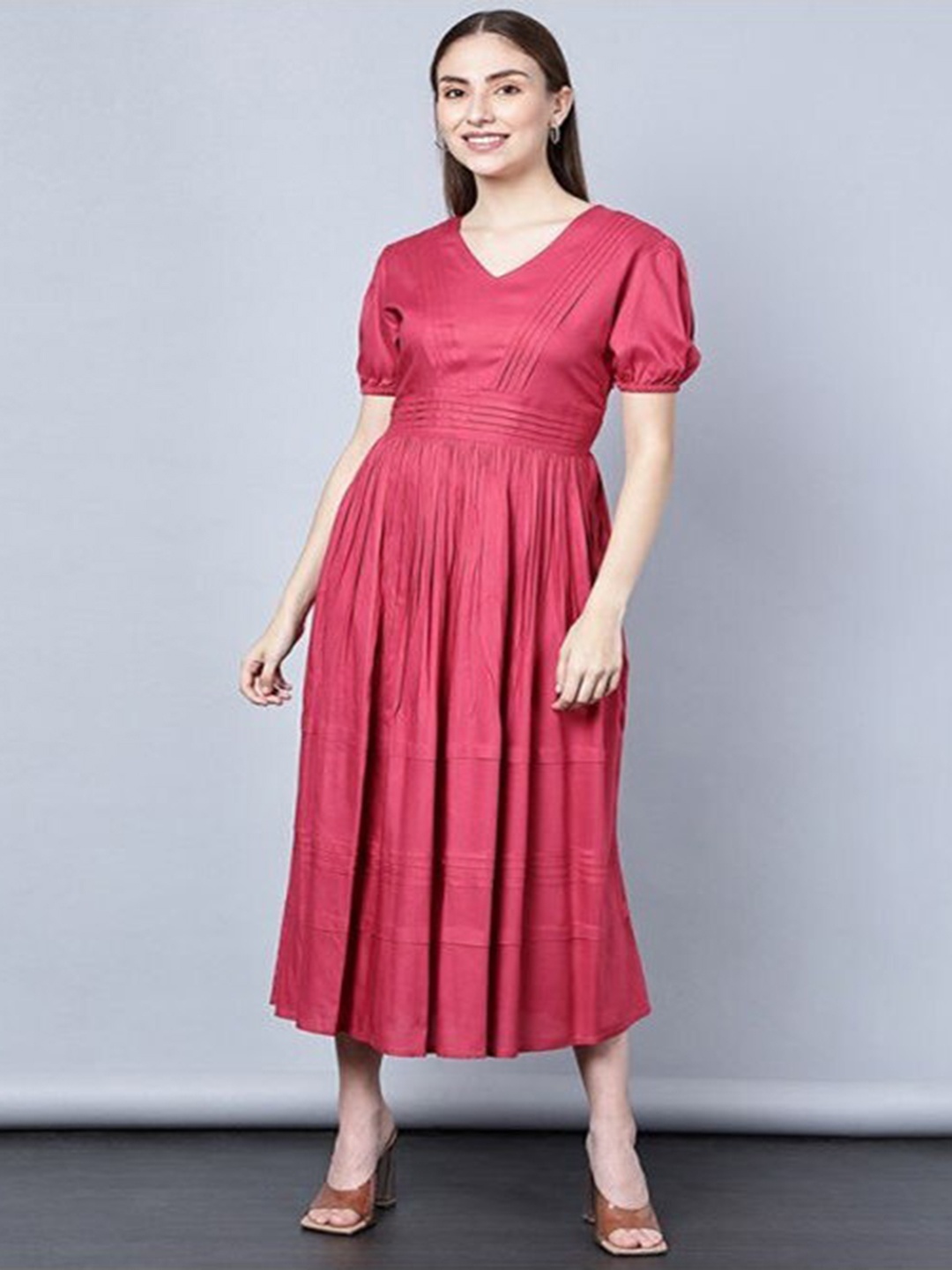 

Aila V-Neck Puff Sleeves Fit & Flare Midi Dress, Red