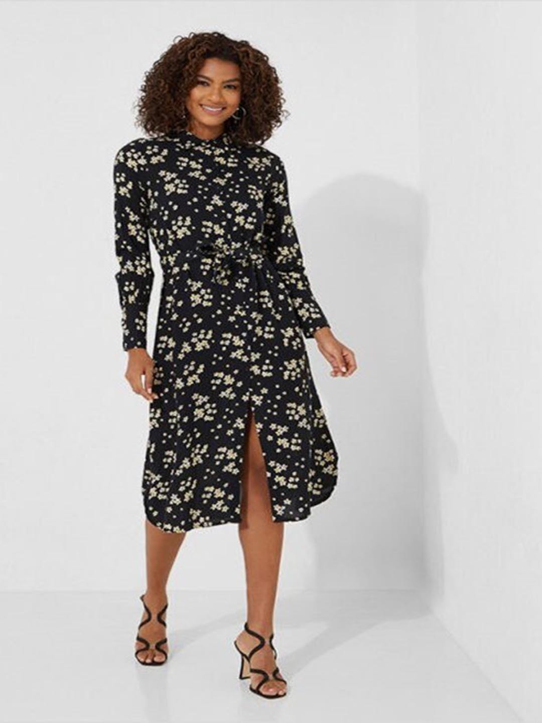 

Aila Floral Printed Shirt Collar Cuffed Sleeves A-Line Midi Dress With Belt, Black