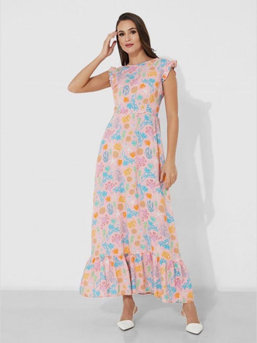 

Aila Floral Printed Cap Sleeves Gathered A-Line Midi Dress, Pink