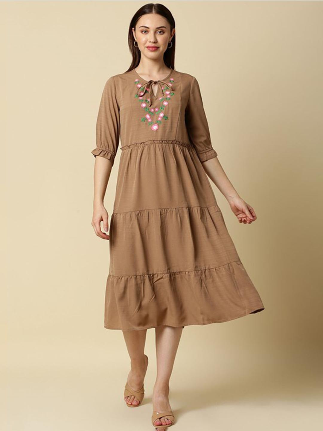 

Aila Floral Embroidered Tie Up Neck Tiered A-line Midi Dress, Brown