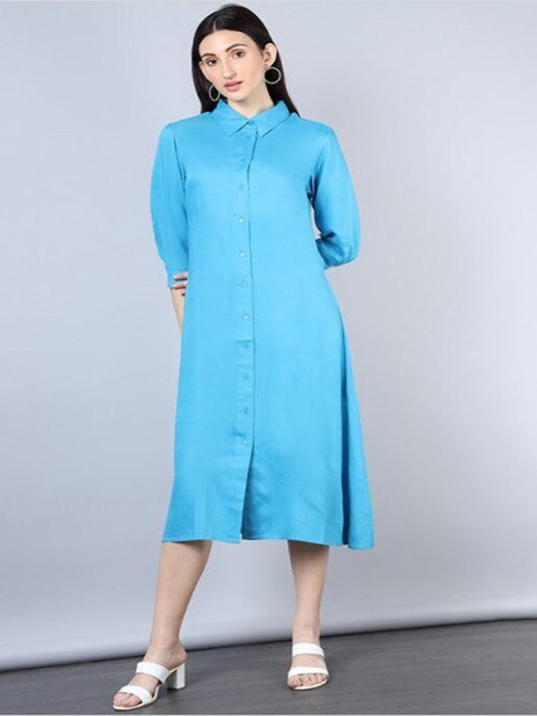 

Aila Puff Sleeve Shirt Style Midi Dress, Blue