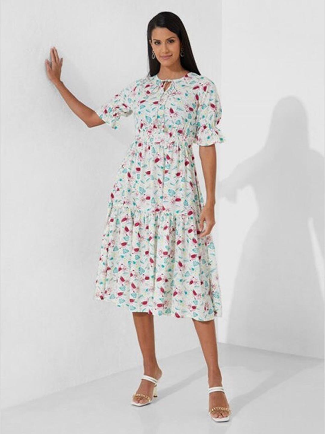 

Aila Floral Printed Tie-Up Neck A-Line Dress, White