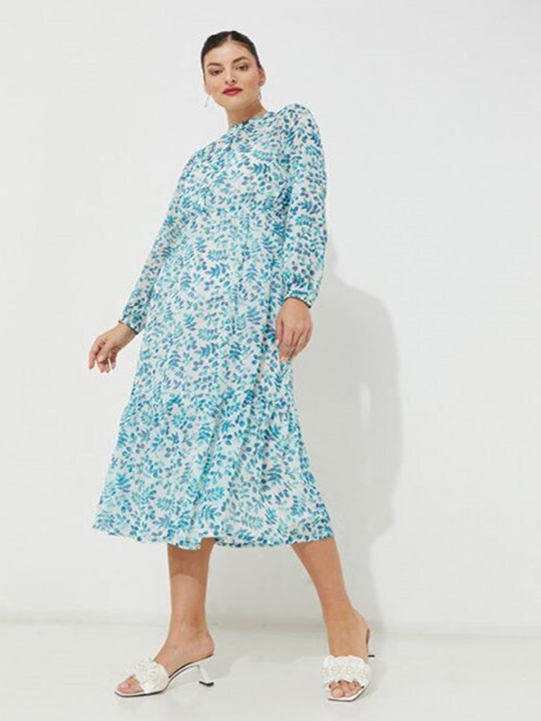 

Aila Floral Printed High Neck Fit & Flare Midi Dress, Off white