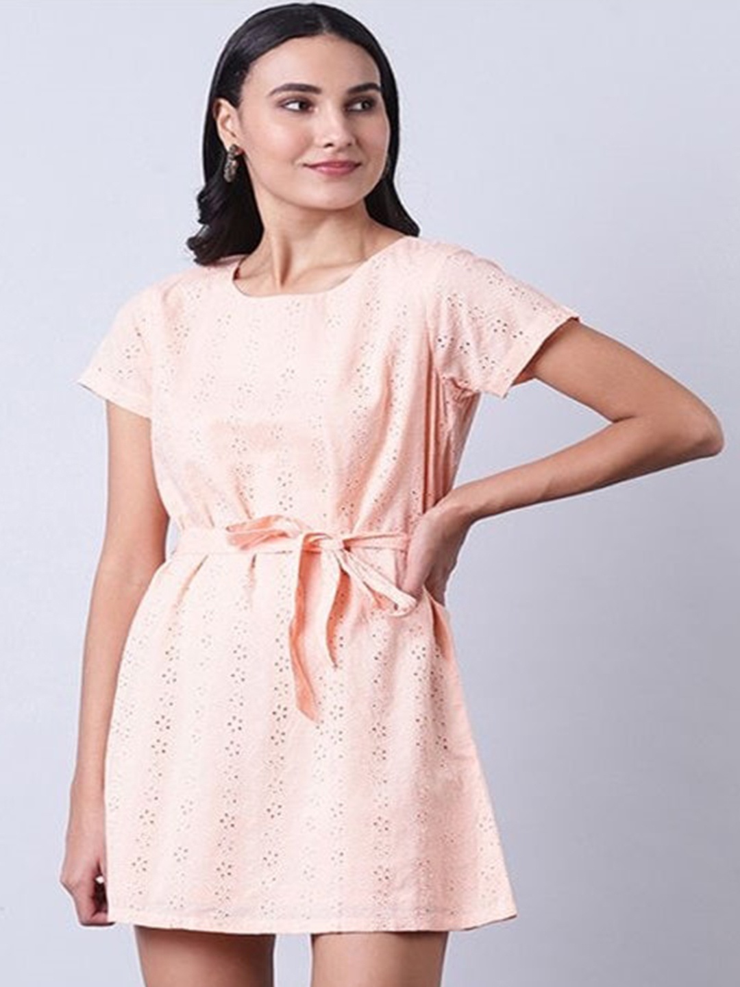 

Aila Schiffli Belted A-Line Dress, Peach