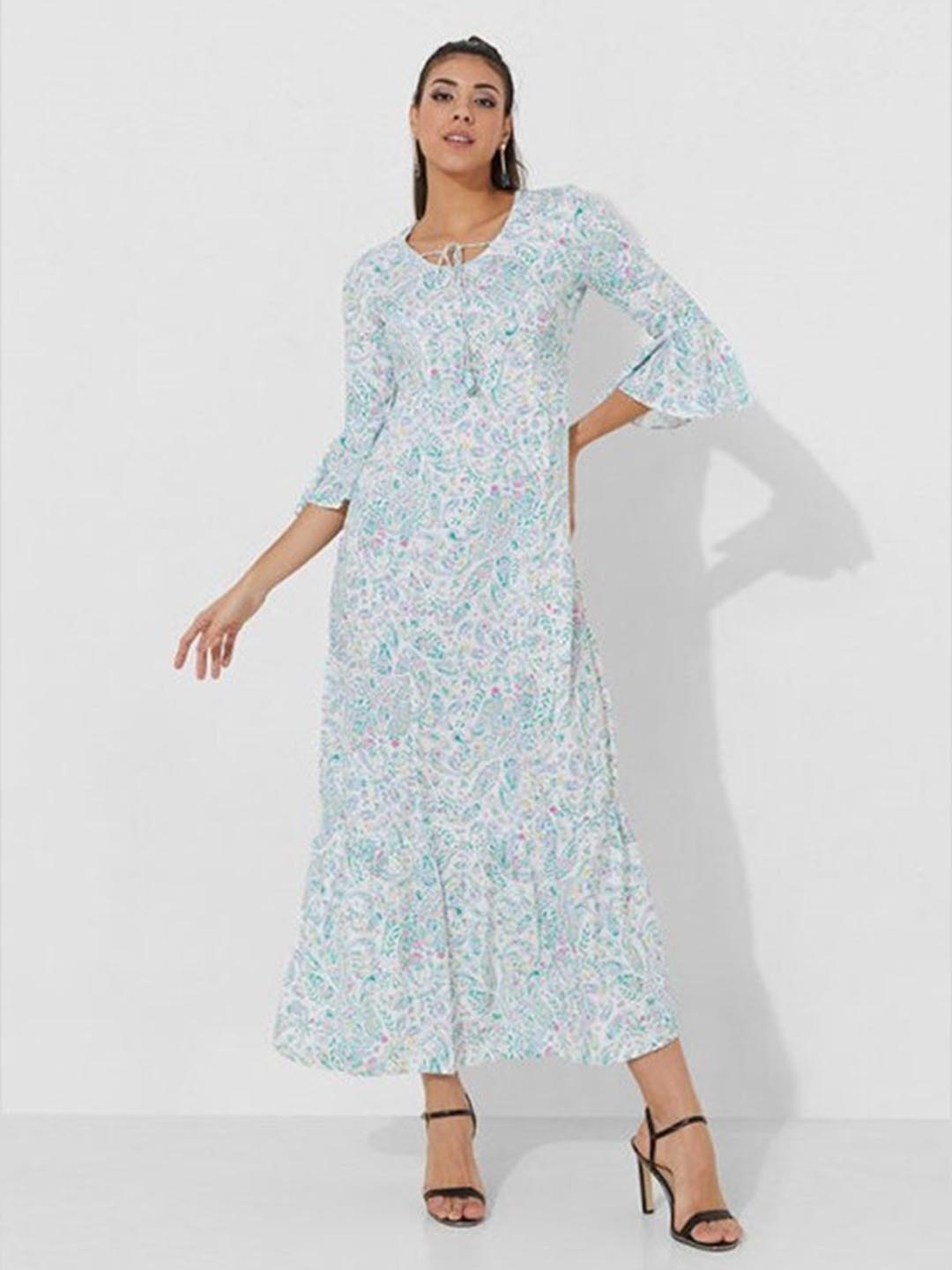 

Aila Floral Printed Tie Up Neck Bell Sleeves Cotton A-Line Maxi Dress, Off white