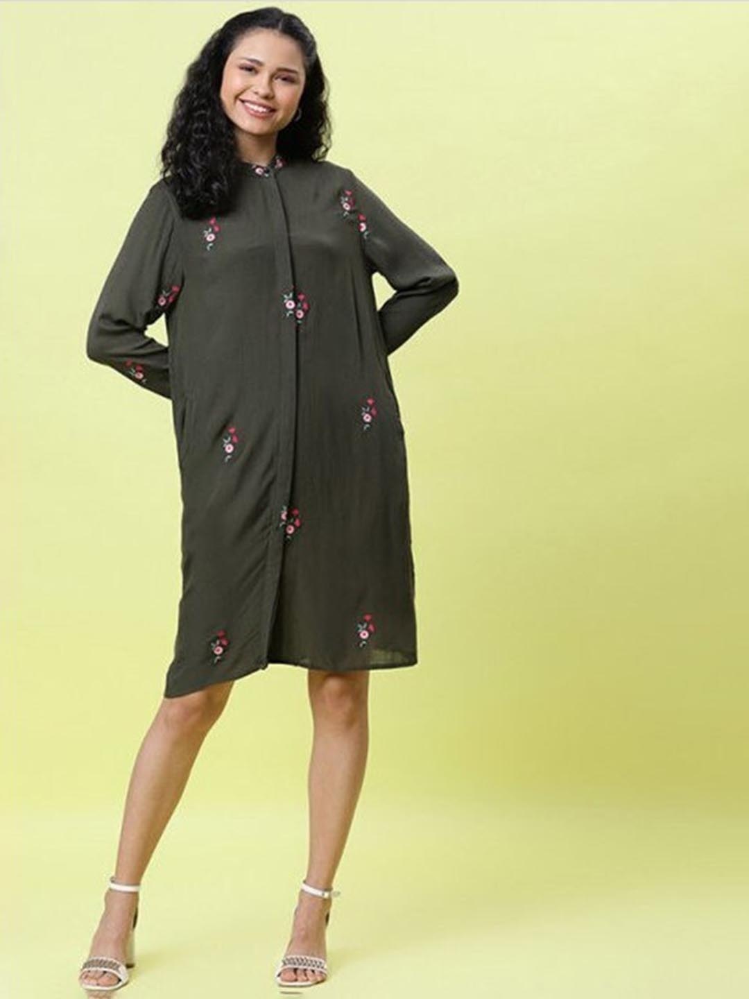 

Aila Floral Embroidered Band Collar Cuffed Sleeves Shirt Dress, Green