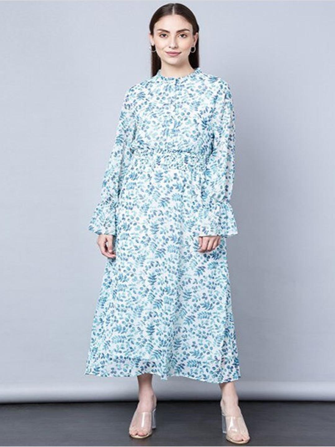 

Aila Floral Printed High Neck Bell Sleeve Fit & Flare Dress, White