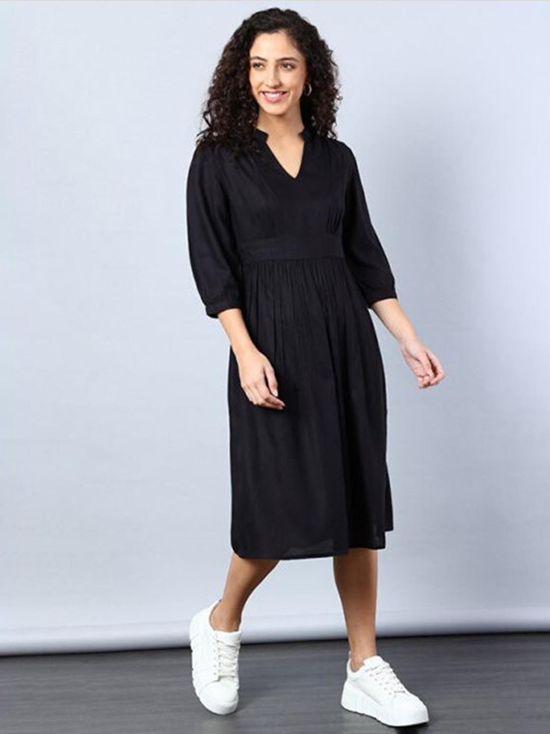 

Aila Mandarin Collar Puff Sleeves Fit & Flare Midi Dress, Black