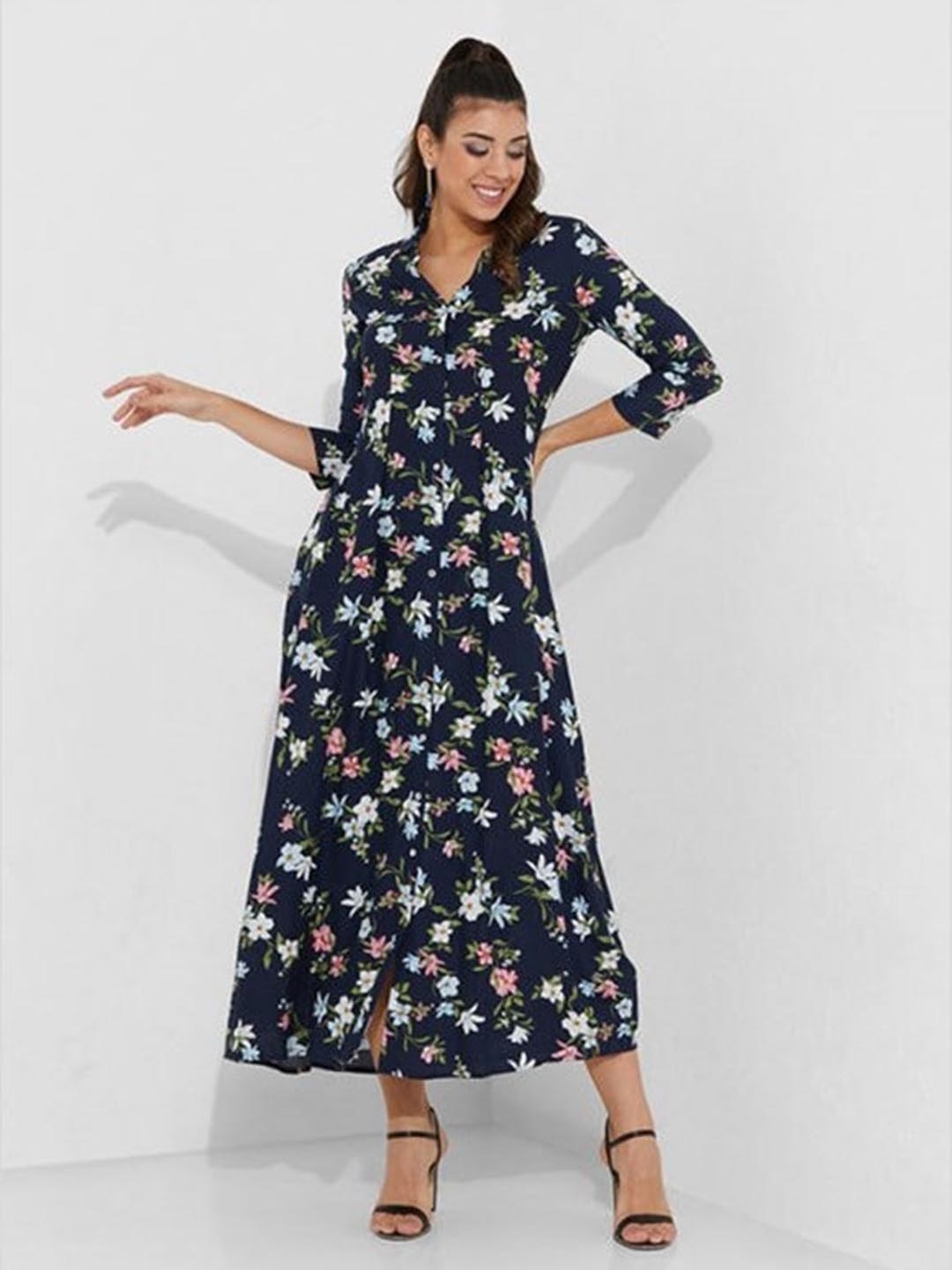 

Aila Floral Printed Shirt Collar Maxi Dress, Blue